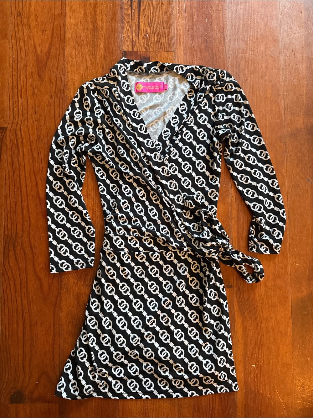 Macbeth Collection by Margaret Josephs Black & White Chain-Link Wrap Dress